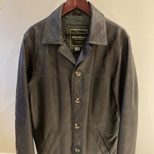 EDDIE BAUER MENS Medium Dark Brown Genuine LEATHER Button Down QuiltLined JACKET